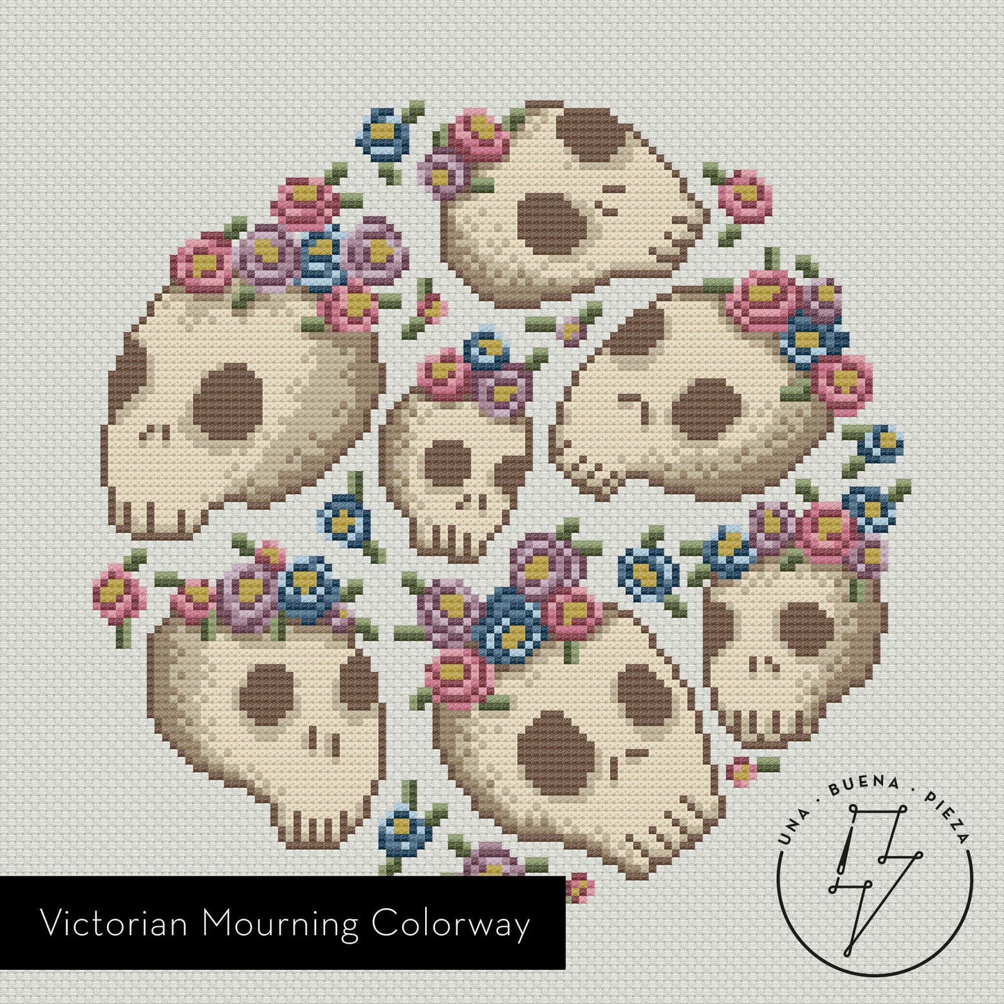 Patrón de punto de cruz de calaveras decoradas con flores de colores suaves: azul, lila y rosa. Punto de cruz moderno.