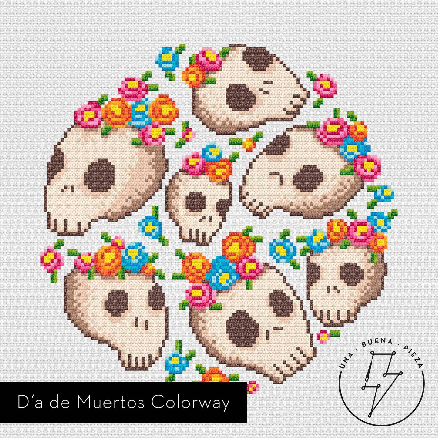 Patrón de punto de cruz de calaveras decoradas con flores de colores vivos: azul, naranja y fucsia. Punto de cruz moderno.