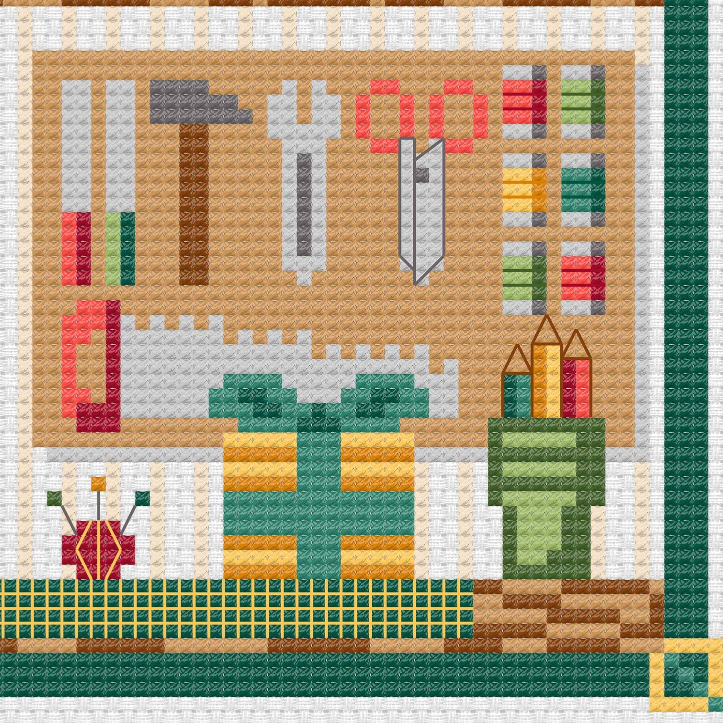 Patrón de punto de cruz para bordar el taller de Santa Claus. Esquema de punto de cruz de navidad infantil.