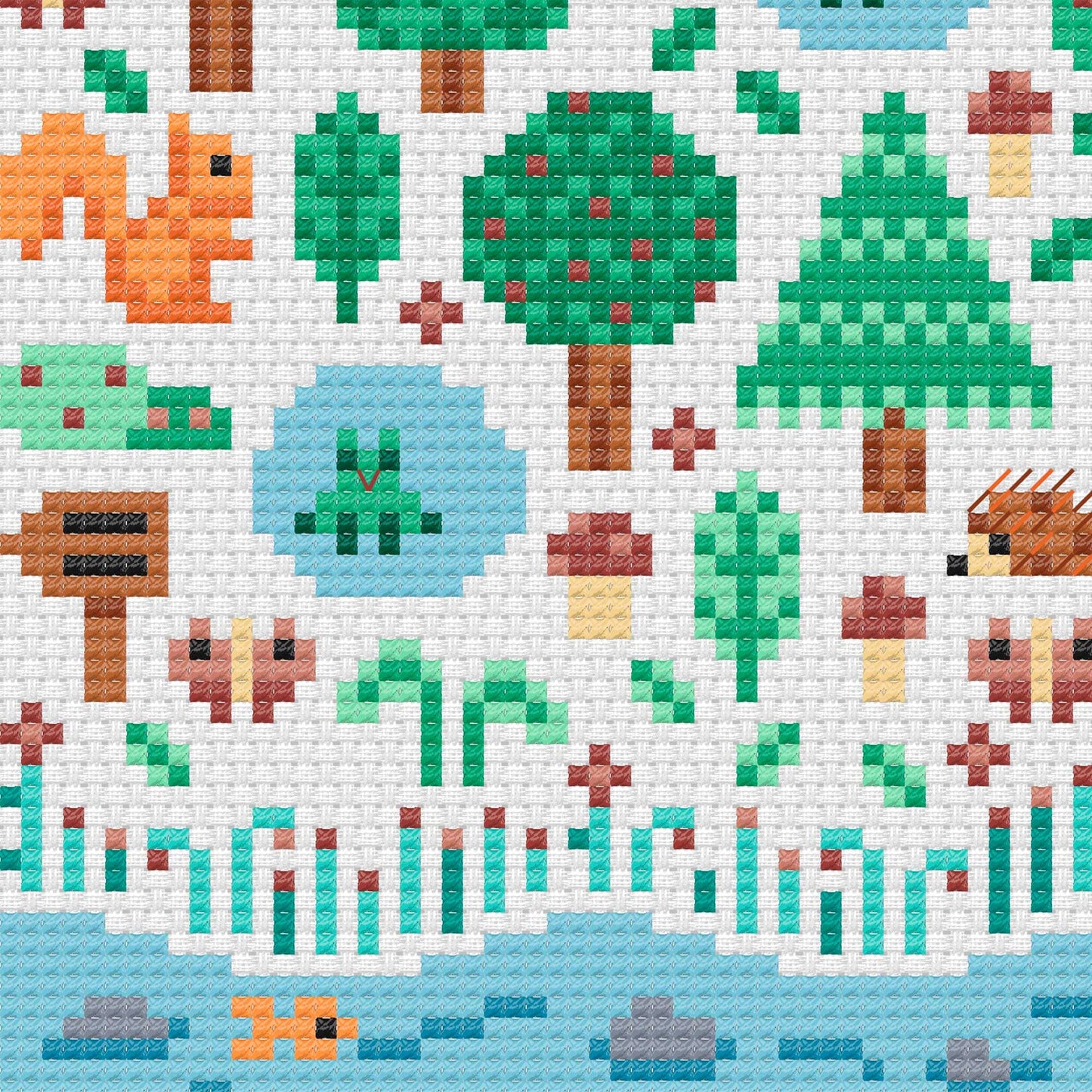 Detalle de esquema de punto de cruz de bosque para habitación infantil. Diseño con árboles, ranas, erizos, río, peces, mariposas, setas, hojas.