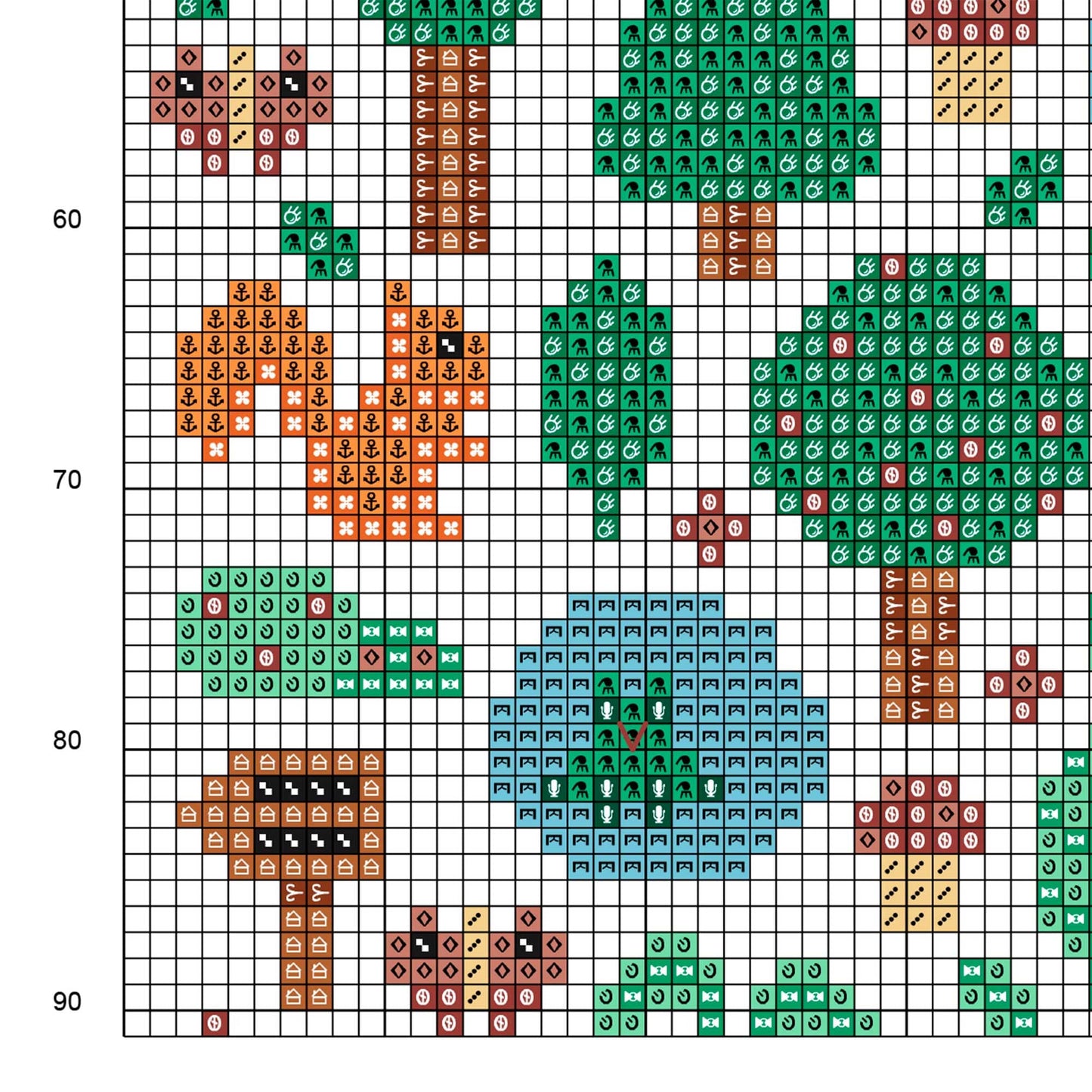 Muestra del esquema de punto de cruz Forest Garden. Gráfico de punto de cruz de símbolos sobre fondo de color.
