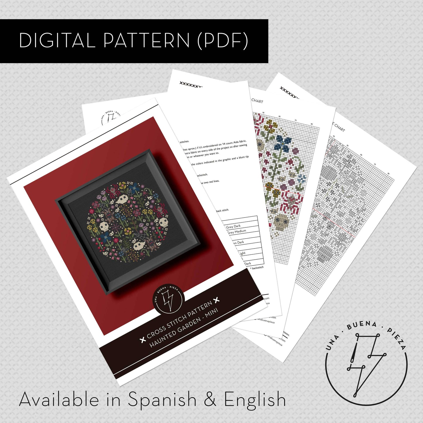Esquema de punto de cruz en PDF. Descarga inmediata. Instrucciones en Inglés y en castellano.