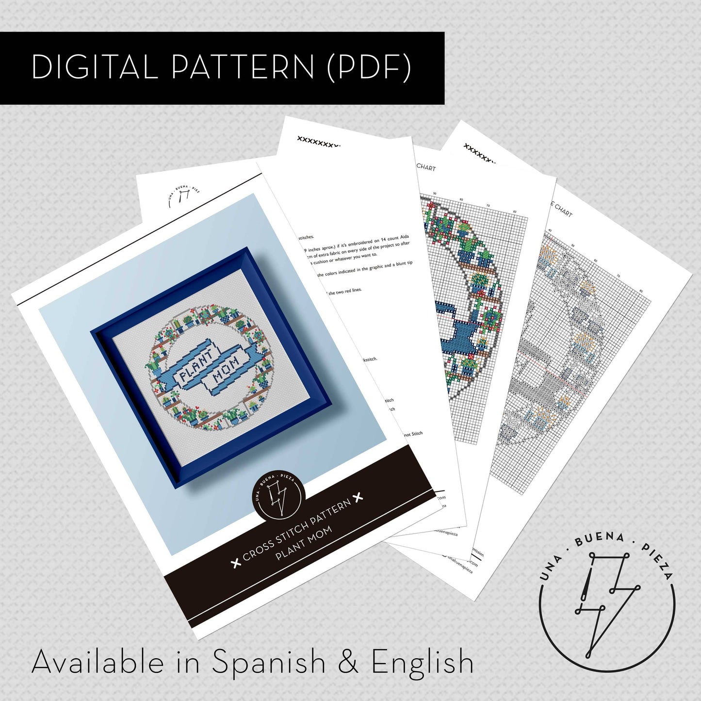 Muestra de esquema de punto de cruz Plant Mom en pdf de descarga inmediata.