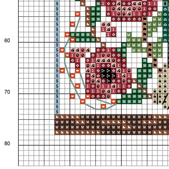 Muestra del esquema de punto de cruz "Calavera en el Bosque Encantado". Gráfico de punto de cruz de símbolos sobre fondo de color.