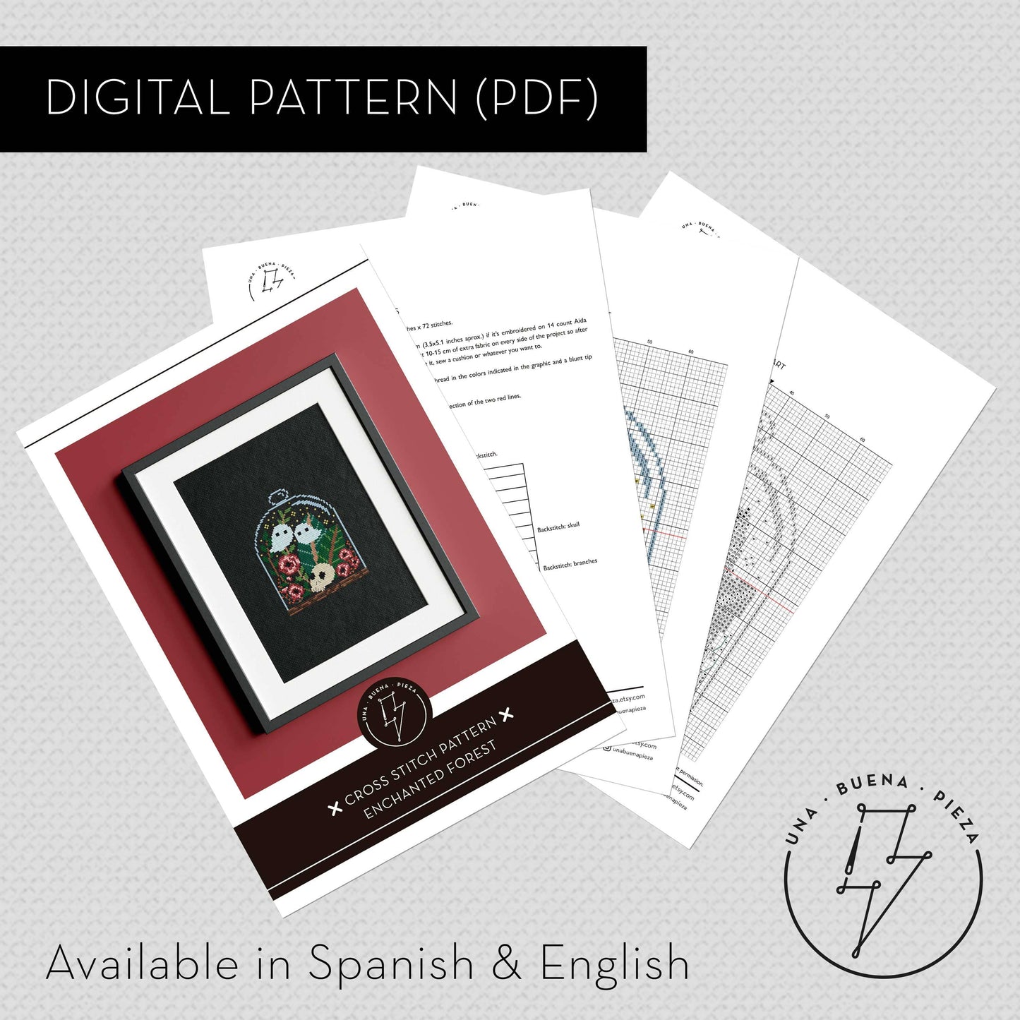 Muestra de esquema de punto de cruz "Calavera en el Bosque Encantado" en pdf de descarga inmediata.