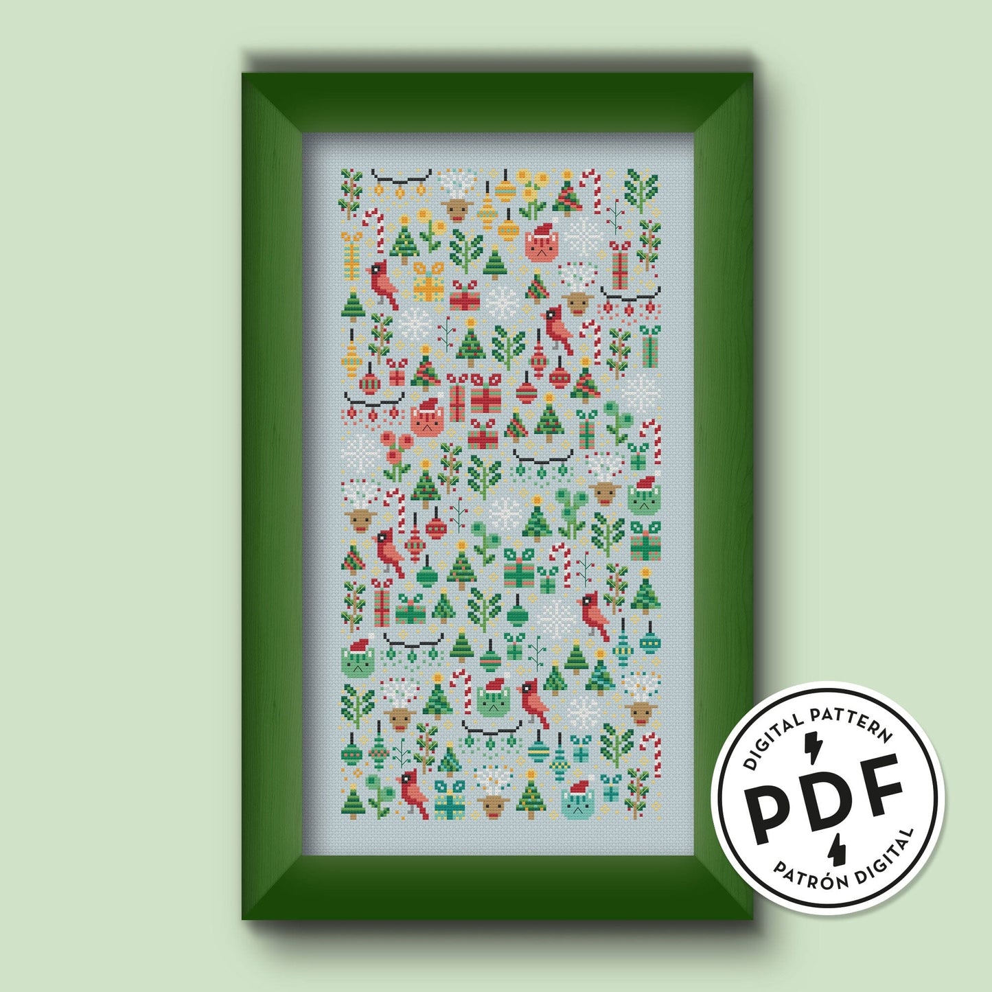 Esquema de punto de cruz en PDF "Christmas Garden". Sampler de punto de cruz de navidad con: regalos, árboles de navidad, bastones de caramelos, gatos con gorro de papá Noel, acebo, luces navideñas y otros detalles. Punto de cruz de navidad original y moderno.