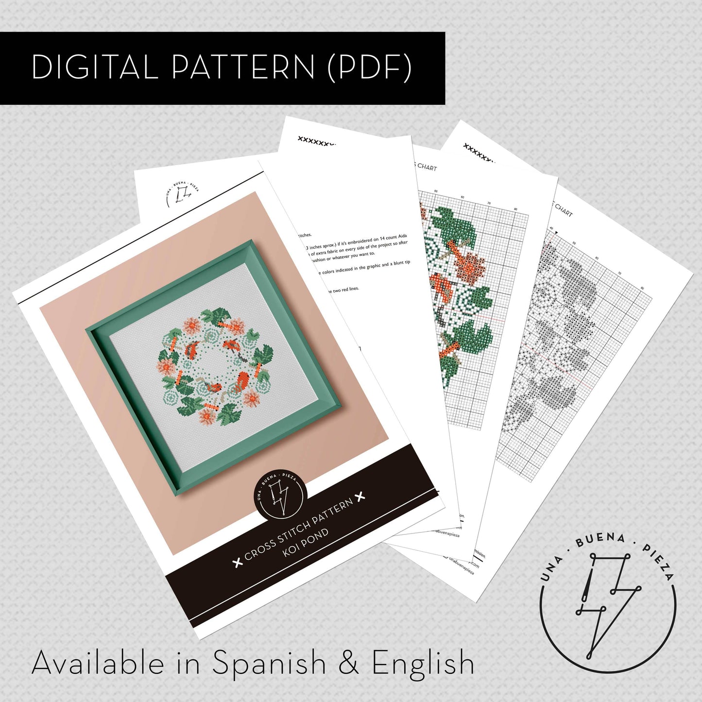 Muestra de esquema de punto de cruz "Estanque de carpas Koi" en pdf de descarga inmediata.