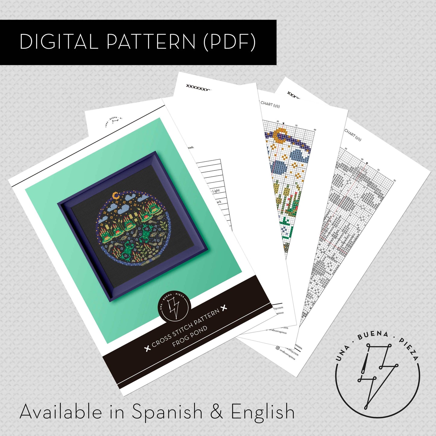Muestra de esquema de punto de cruz "Estanque de ranas" en pdf de descarga inmediata.