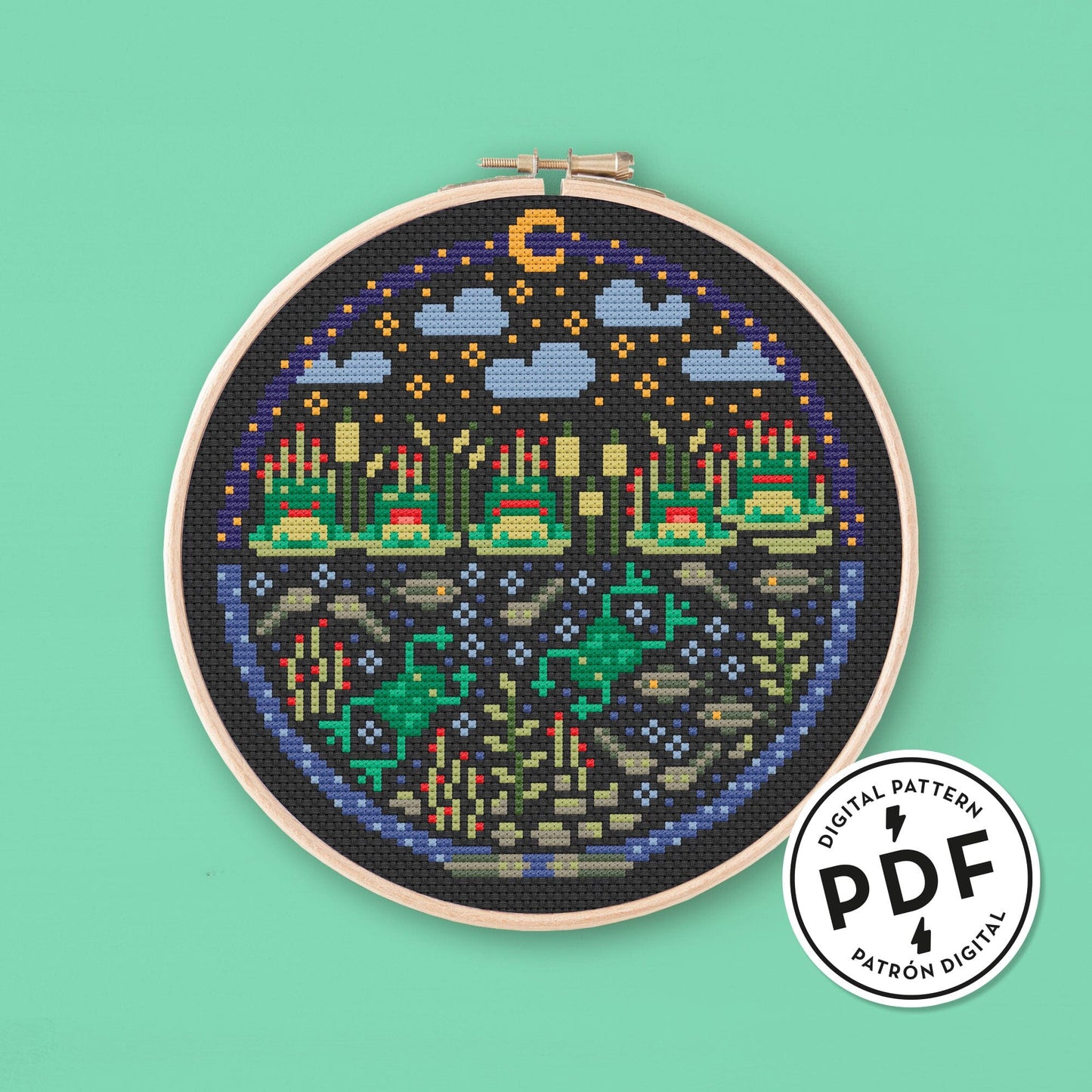 Esquema de Punto de Cruz en PDF "Estanque de ranas". Paisaje de noche con ranas, renacuajos, juncos y nubes y estrellas. Punto de cruz moderno infantil.