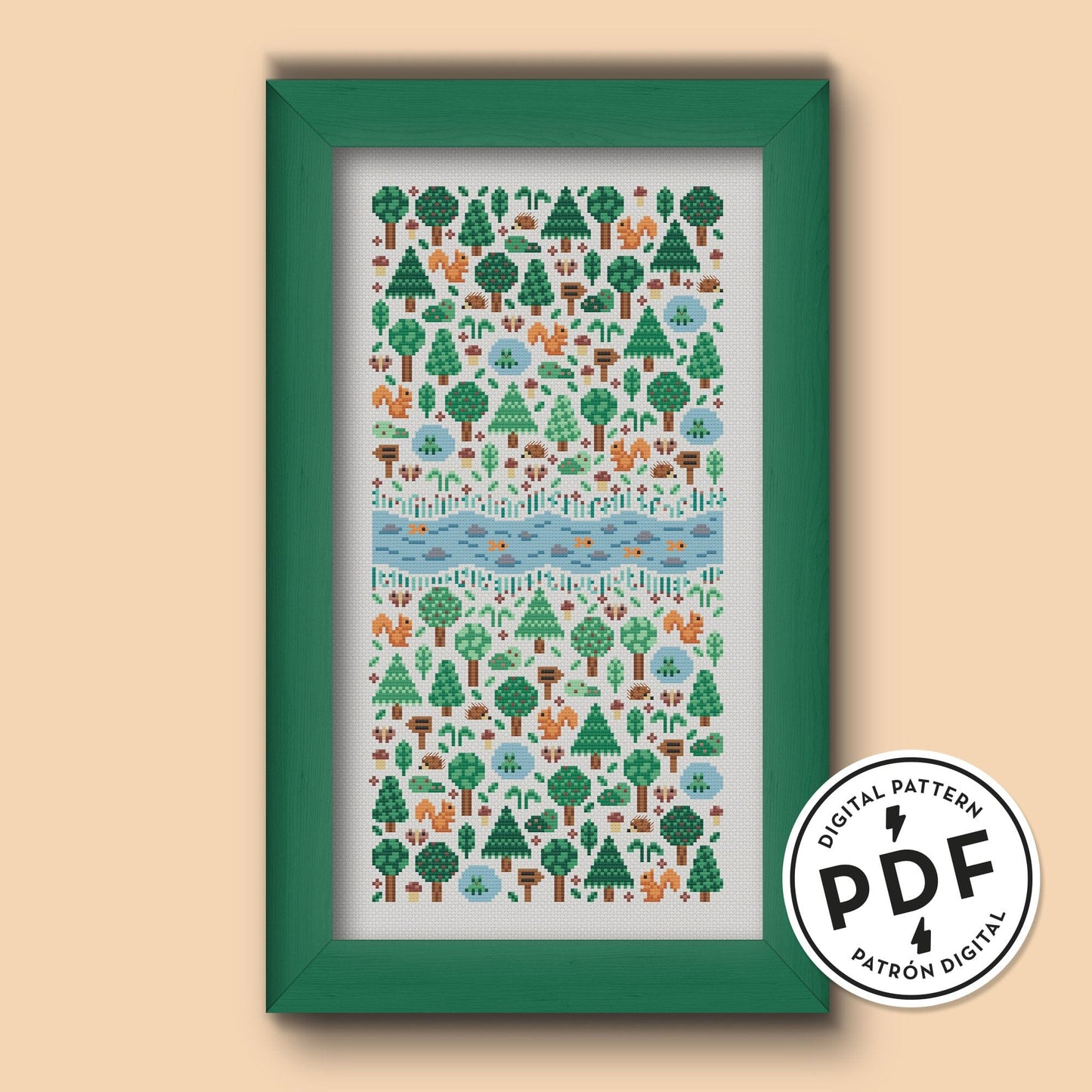Esquema de punto de cruz de un bosque con árboles, erizos, ardillas, ranas, setas y un río con peces. Estilo folk, moderno, minimalista. Punto de cruz para habitación infantil.