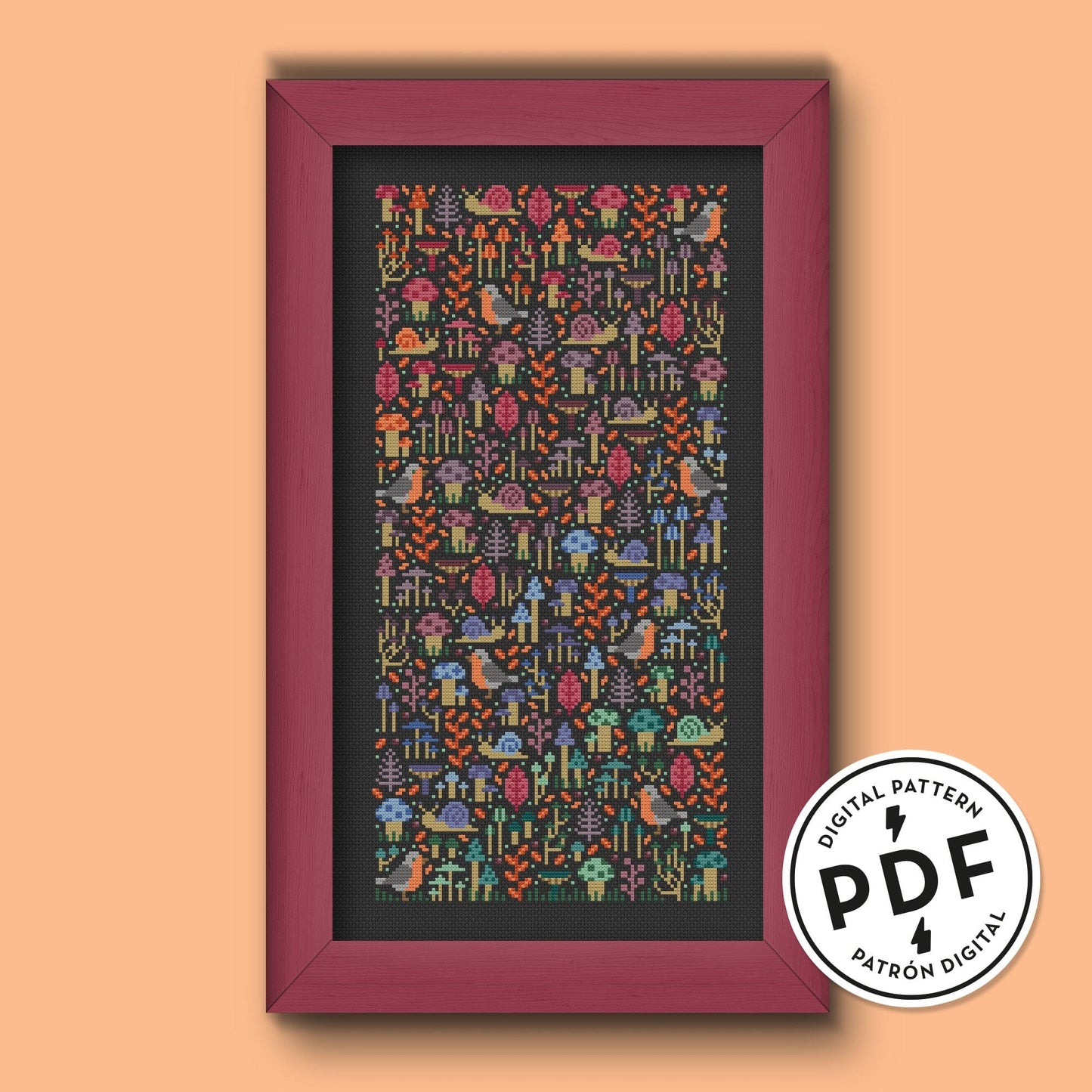 Esquema de punto de cruz en PDF Fungi Garden. Sampler de punto de cruz de setas. Con pájaros, caracoles, hojas, y plantitas. Con colores vivos de otoño. Punto de cruz moderno.