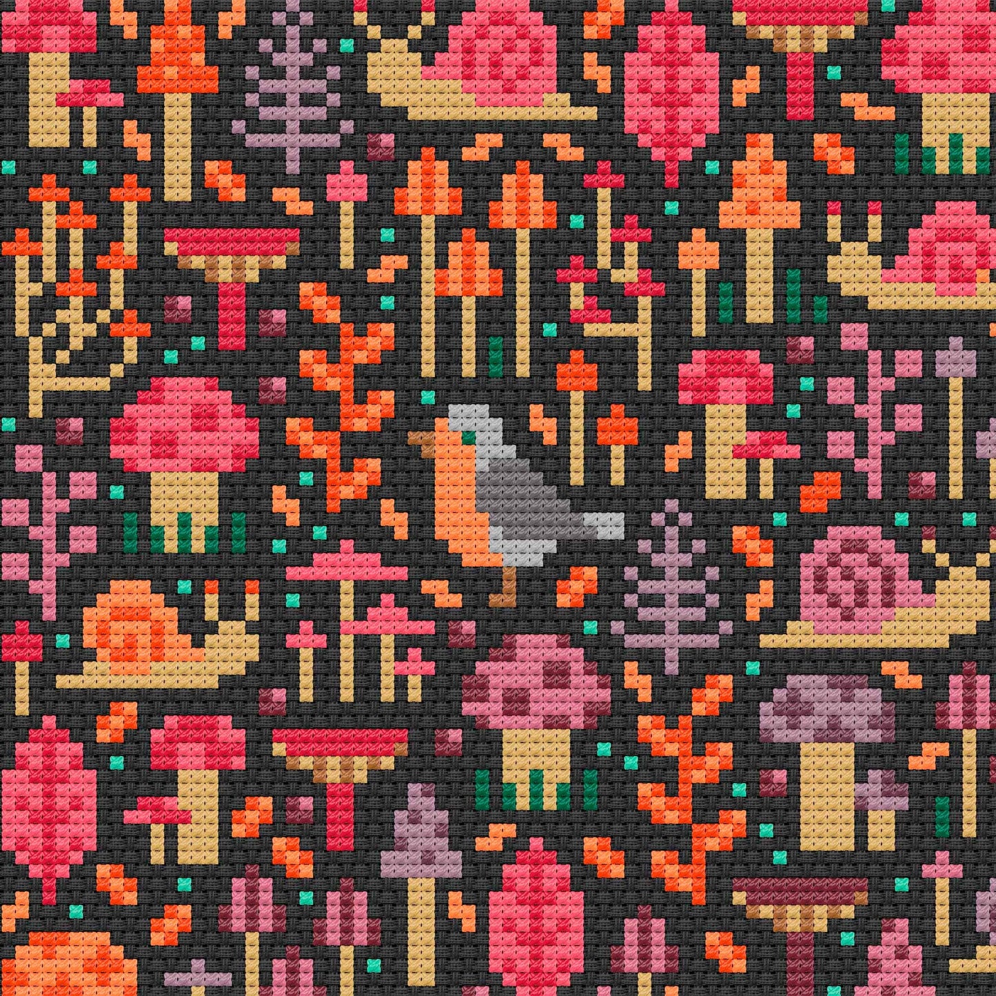 Muestra del Esquema de cruz "fungi Garden" bordado sobre tela negra.