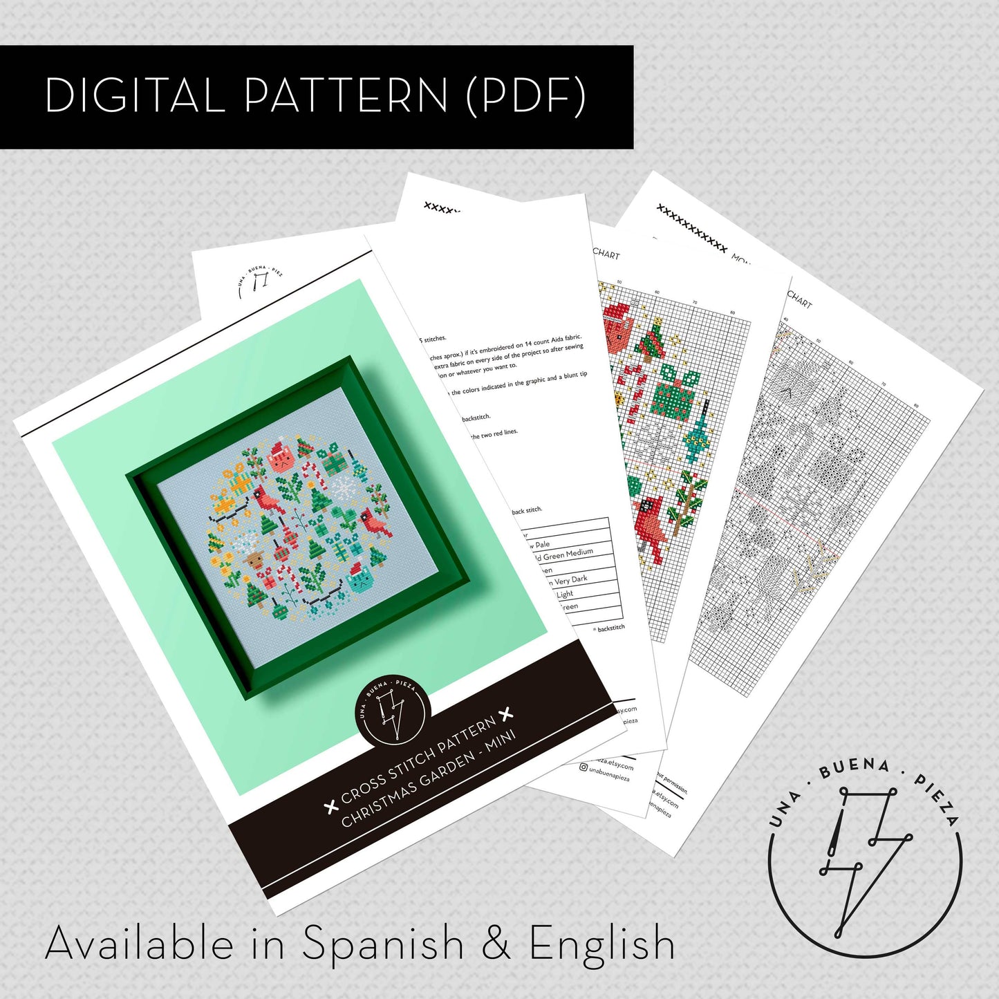 Muestra de esquema de punto de cruz de navidad "Mini Christmas Garden" en pdf de descarga inmediata.