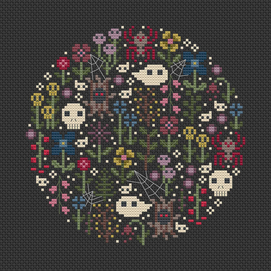 Esquema de punto de cruz redondo con flores, fantasmas, telarañas, calaveras, tarántulas. Estilo moderno y minimalista. Colores de estilo vintage.