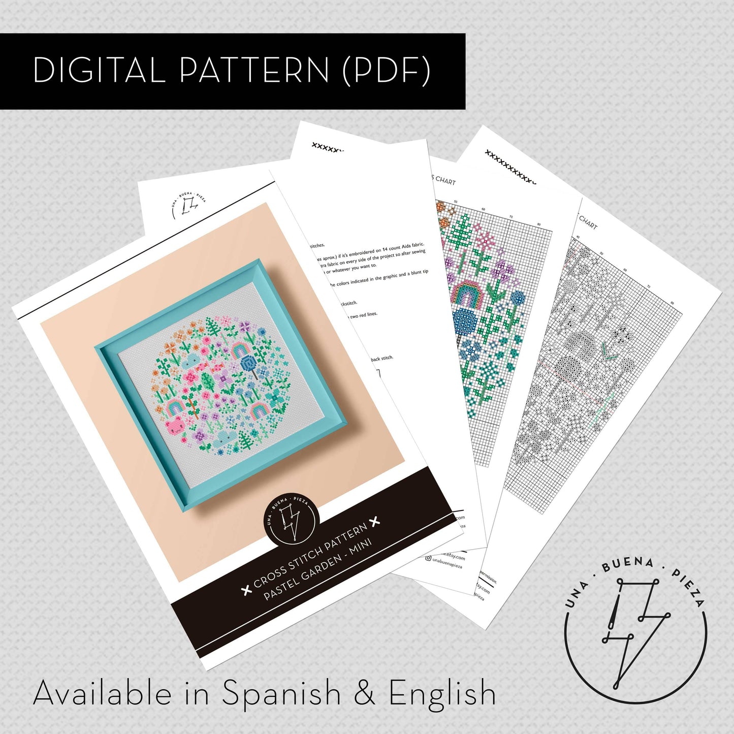 Muestra de esquema de punto de cruz Mini Pastel Garden en pdf de descarga inmediata.