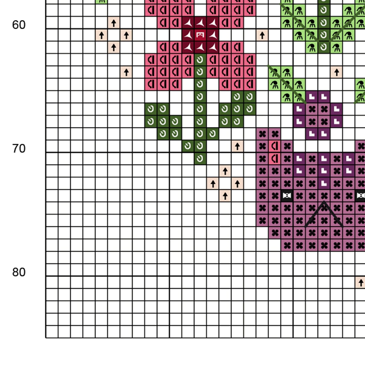 Muestra del esquema de punto de cruz Mini Rainbow Garden. Gráfico de punto de cruz de símbolos sobre fondo de color.