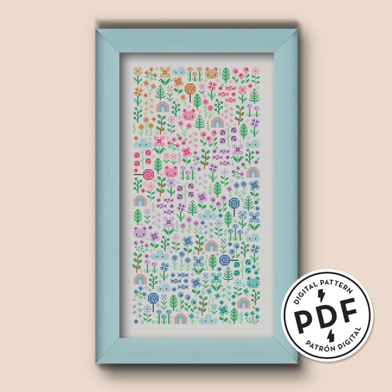 Esquema de punto de cruz en PDF con diseño de jardín pastel, ideal para decoraciones infantiles.