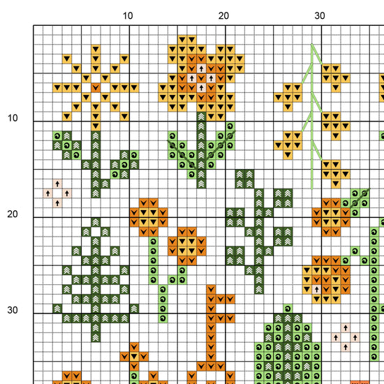 Muestra del esquema de punto de cruz Rainbow Garden. Gráfico de punto de cruz de símbolos sobre fondo de color.