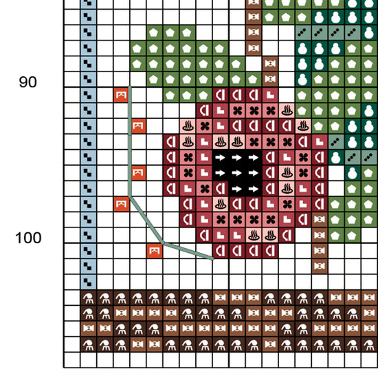 Muestra del esquema de punto de cruz "Setas en el Bosque Encantado". Gráfico de punto de cruz de símbolos sobre fondo de color.