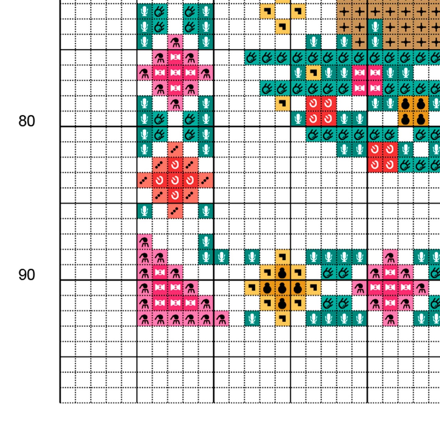 Muestra del esquema de punto de cruz "Árboles de Navidad". Gráfico de punto de cruz de símbolos sobre fondo de color.