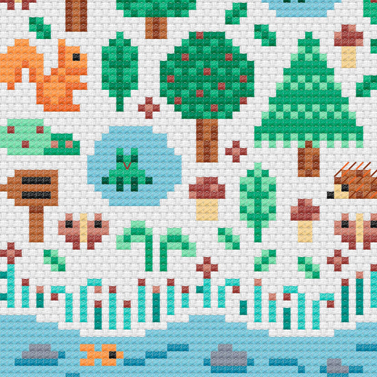 Load image into Gallery viewer, Detalle de esquema de punto de cruz de bosque para habitación infantil. Diseño con árboles, ranas, erizos, río, peces, mariposas, setas, hojas.
