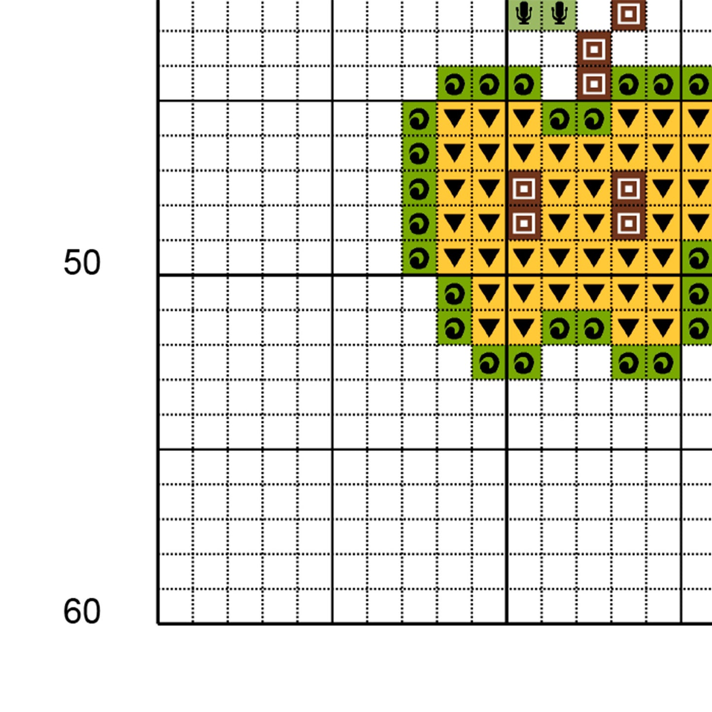 Muestra del esquema de punto de cruz "Healling is not linear". Gráfico de punto de cruz de símbolos sobre fondo de color.