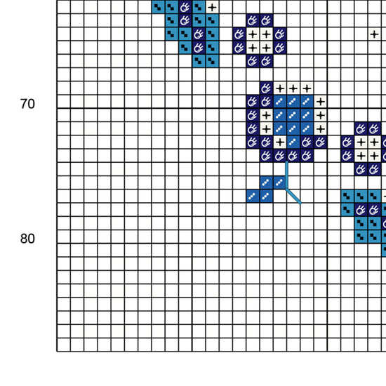 Muestra del esquema de punto de cruz "Joya Azul Zafiro". Gráfico de punto de cruz de símbolos sobre fondo de color.