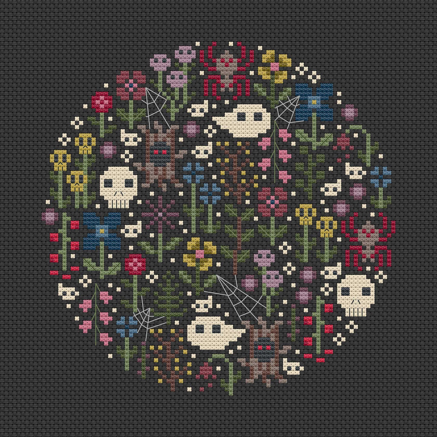 Esquema de punto de cruz redondo con flores, fantasmas, telarañas, calaveras, tarántulas. Estilo moderno y minimalista. Colores de estilo vintage.
