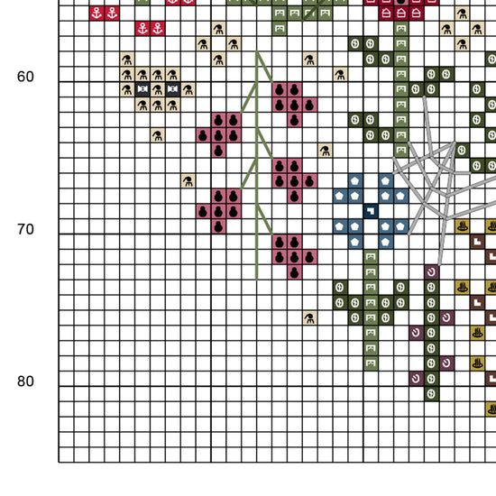 Muestra del esquema de punto de cruz Mini Haunted Garden. Gráfico de punto de cruz de símbolos sobre fondo de color.