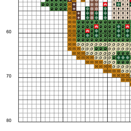 Muestra del esquema de punto de cruz "Setas Silvestres". Gráfico de punto de cruz de símbolos sobre fondo de color.