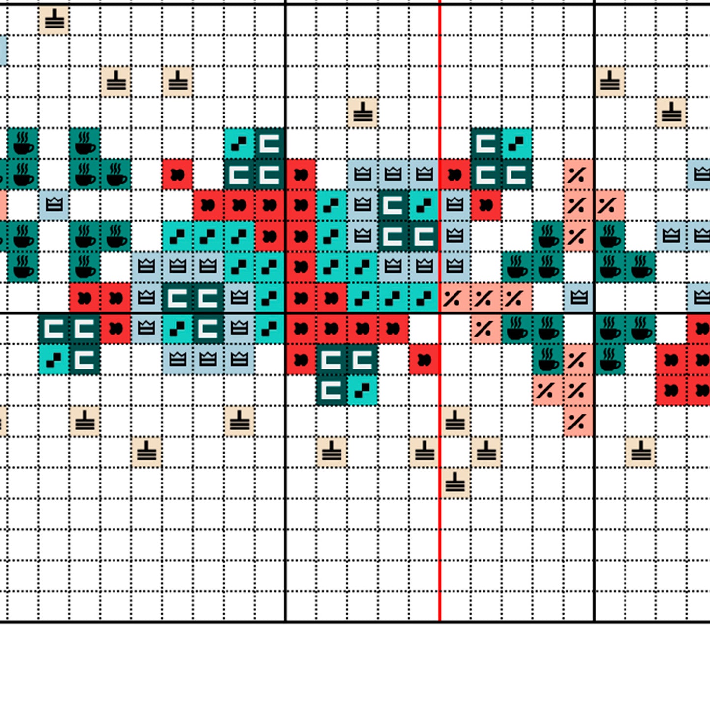 Muestra del esquema de punto de cruz "Signo Piscis". Gráfico de punto de cruz de símbolos sobre fondo de color.