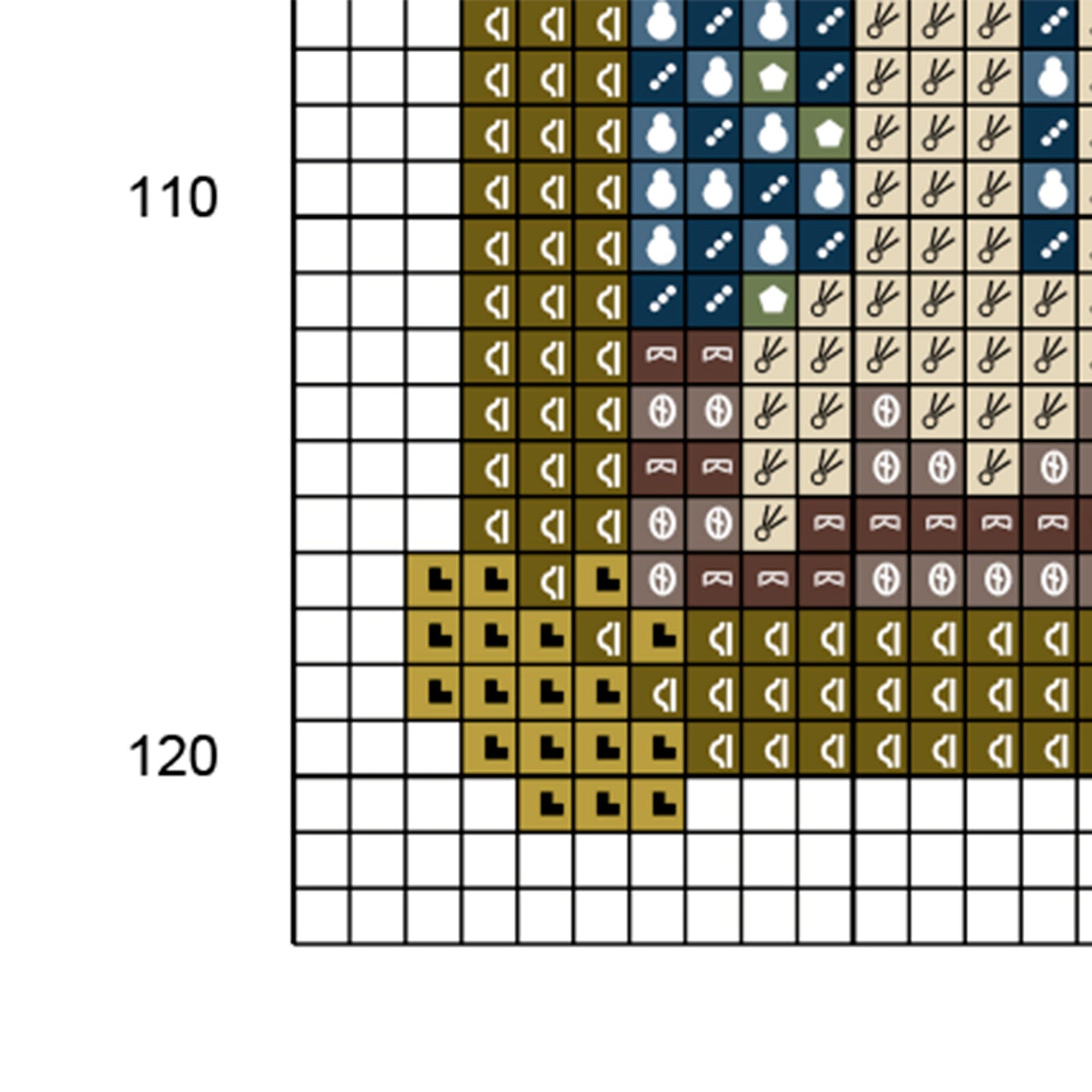 Muestra del esquema de punto de cruz "El Telescopio de la Casa Encantada". Gráfico de punto de cruz de símbolos sobre fondo de color.