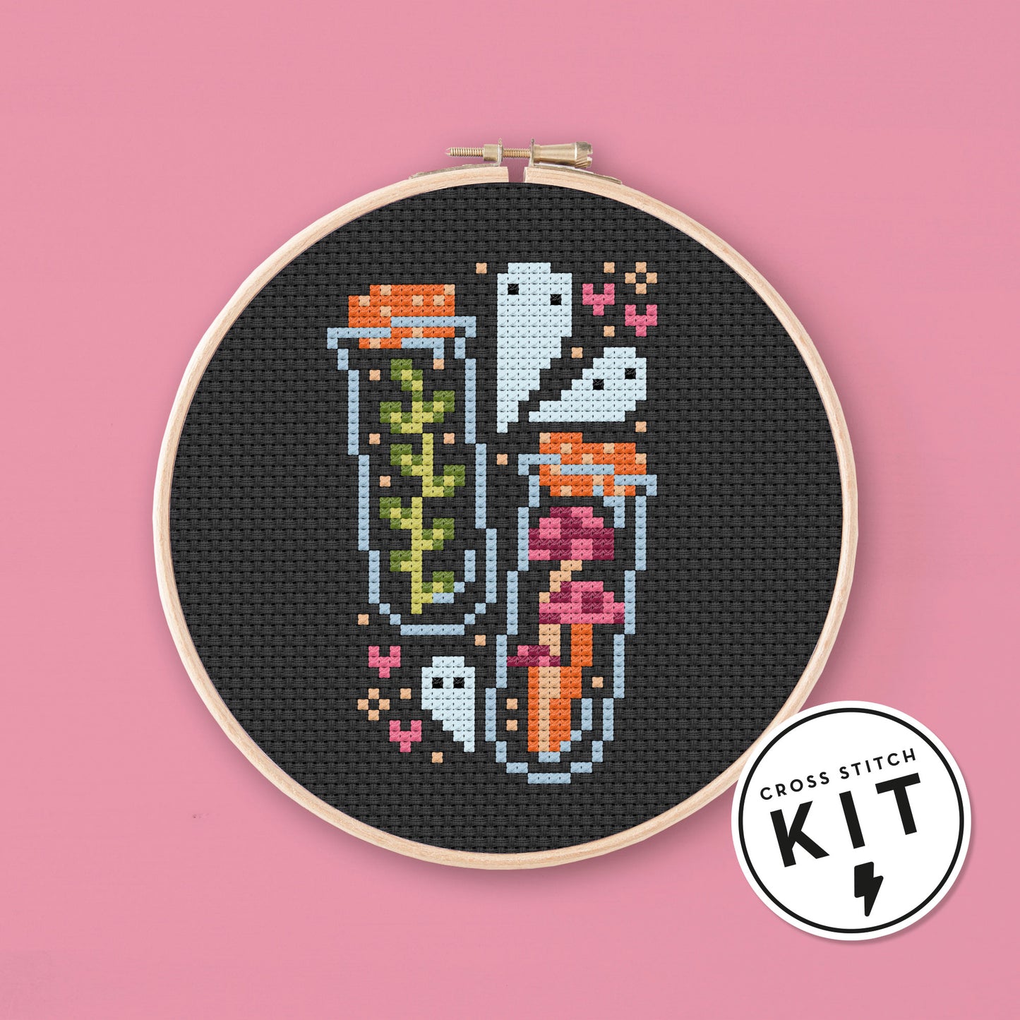 Potion Bottles with Mushrooms and Leaves - Cross Stitch Kit